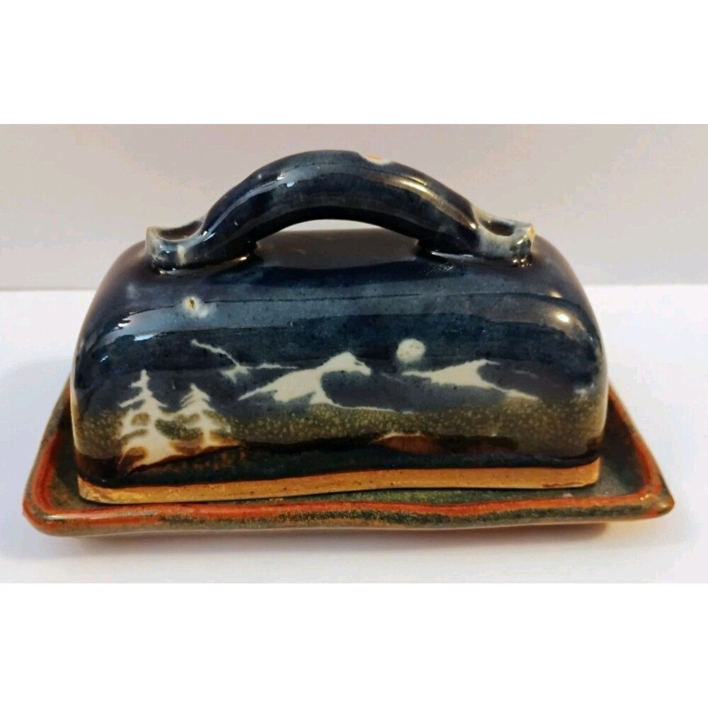 Vintage Signed Studio Pottery Covered Butter Dish PNW Starry Mountain Pine Scene